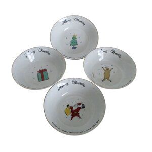 4 Merry Brite Merry Christmas Soup Cereal Bowls - Reindeer Santa Tree Gift